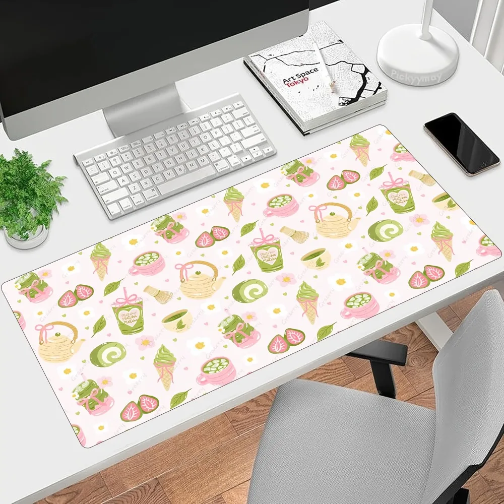 Kawaii Matcha Dessert Extended Mouse Pad, Large Non-Slip Desk Mat for Home Office, Pink Green Japanese Sweets Decor