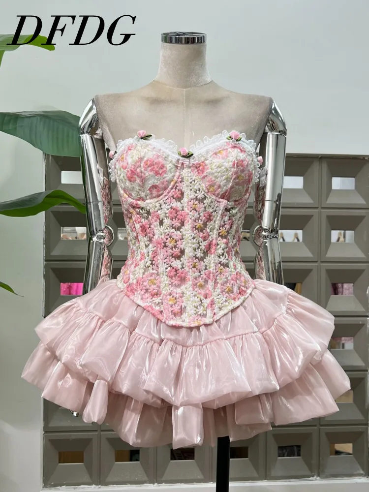 

DFDG женский дизайнерский прозрачный кружевной корсет с вышивкой, топ с переливающейся шифоновой многоуровневой юбкой-торт, комплект на весну-лето 2025