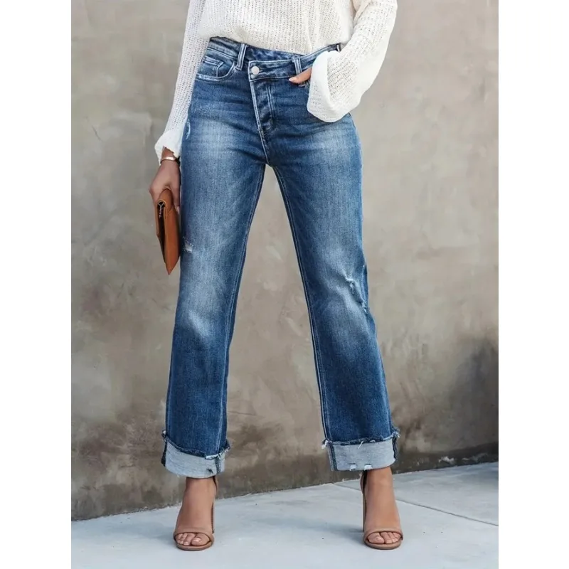 2026 Women High Rise Elastic Straight Jeans European American Elegant Office Commuter Ins Trendy Versatile Denim Long Trousers