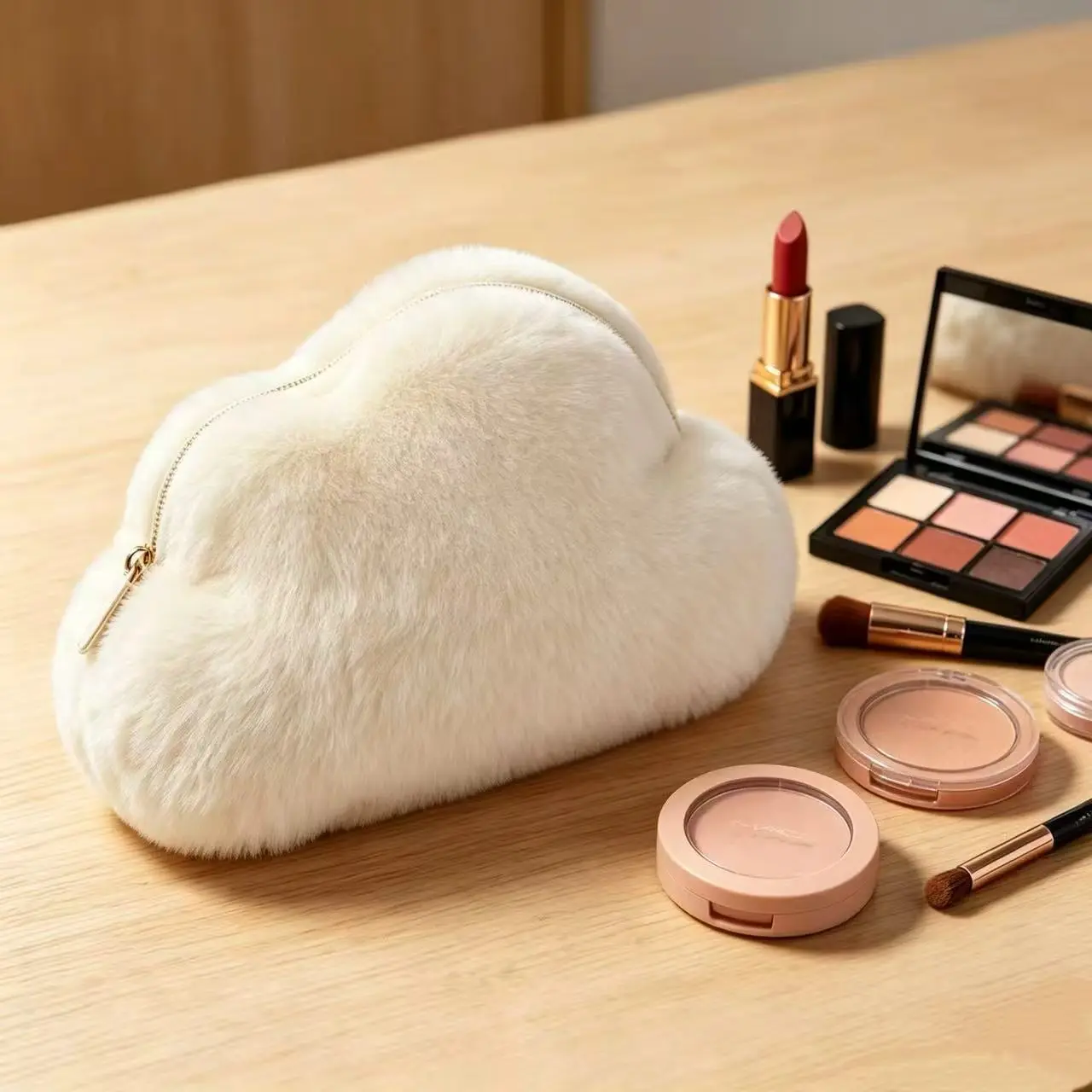 Cute Cloud-Shaped Plush Makeup Bag, Soft Plush Cosmetic Storage Bag, Travel Beauty Zipper Storage Bag