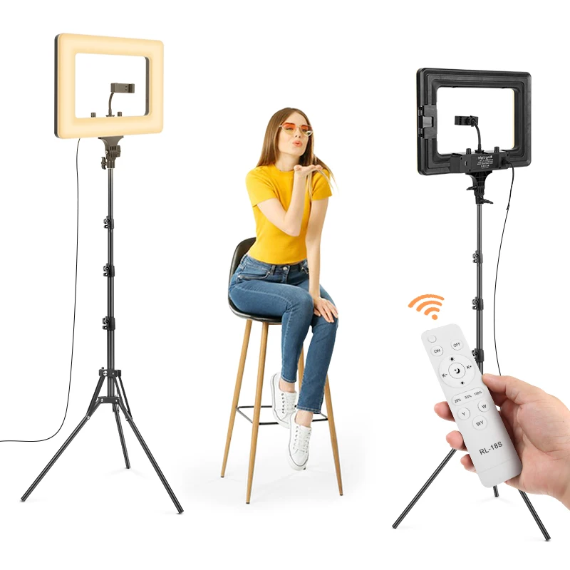 أضواء حلقة 18 بوصة، مع حامل إضاءة و3 حامل هاتف عكس الضوء حلقة مربعة للتصوير الفوتوغرافي المكونات في الضوء لتيك توك والفيديو والصور