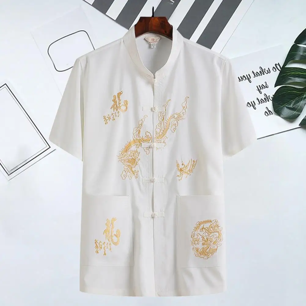 Chinese Dragon Kung Fu Shirt Embroidery Stand Collar Short Sleeve Casual Men Shirt Tai Chi Wing Chun Shirt Tangs Clothing Top