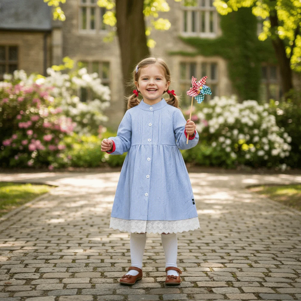 

Sweet Pleated Lace Grid Dress Loose A-line Girls Long Dress Ballet Style Sweet Children Long Sleeved Dress Holiday