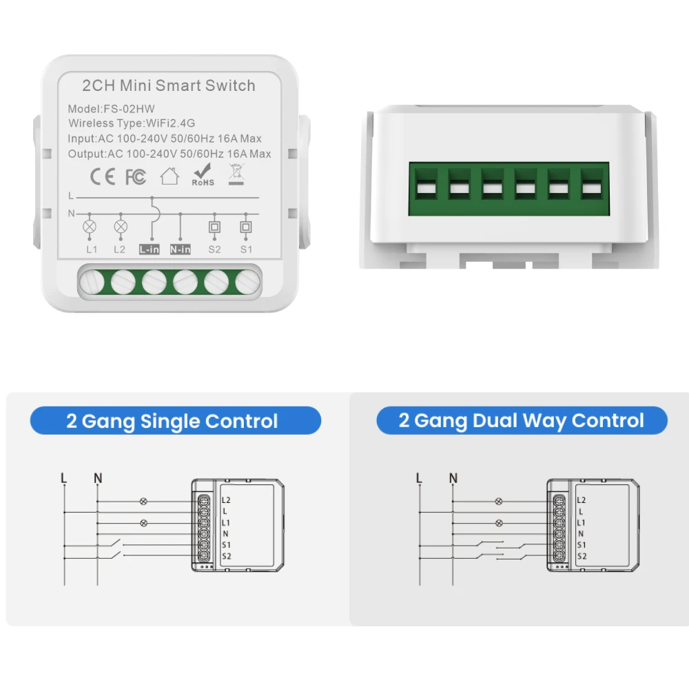 2 Gang Tuya WiFi Smart Switch Module 16A DIY Automation Breaker 2 Way Control Funciona com Alexa Google Home Alice Smart Life APP