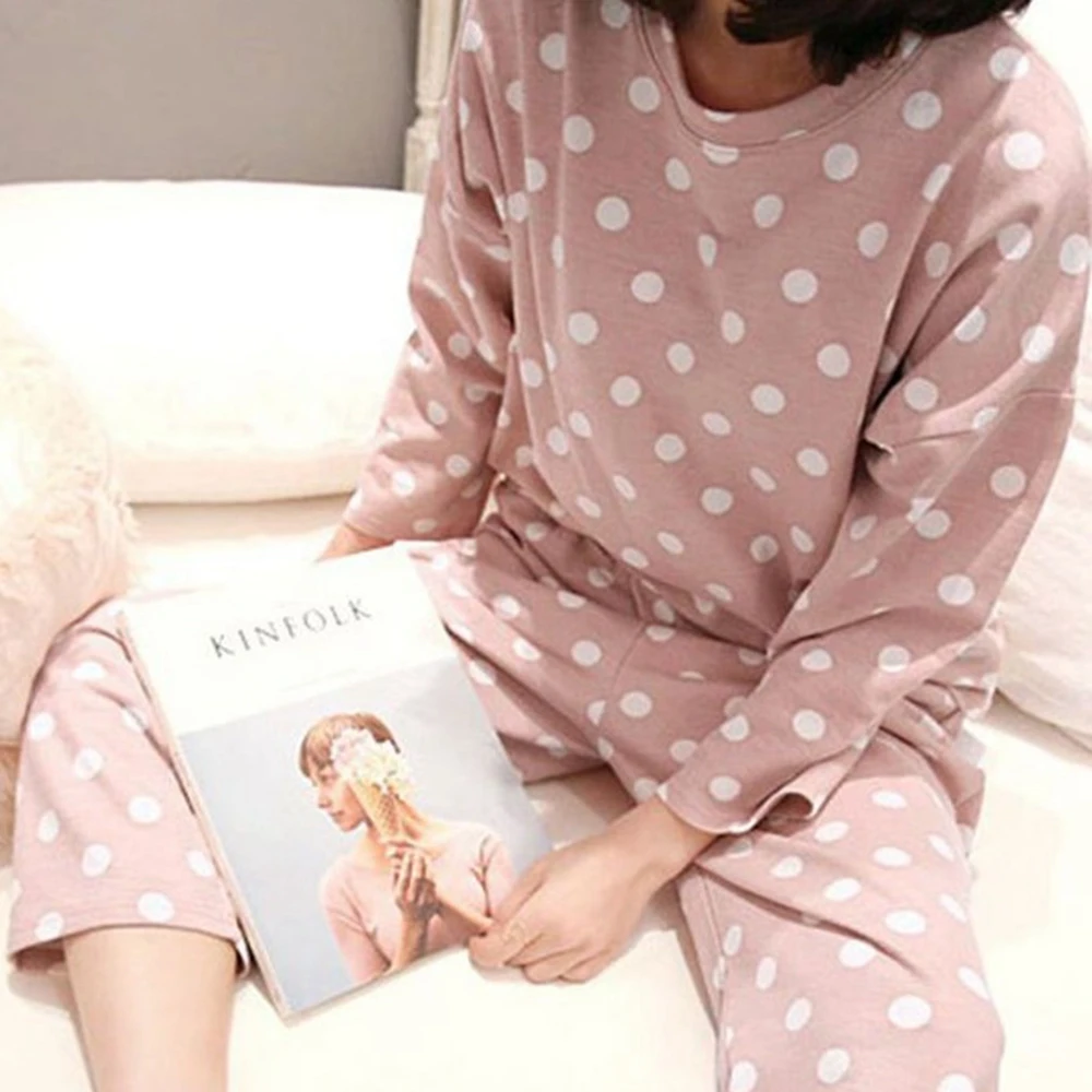 Spring Autumn Pajamas Set For Women Polk Dot Print Long Sleeve Cute Nightwear Sleepwear Homewear Female pijama