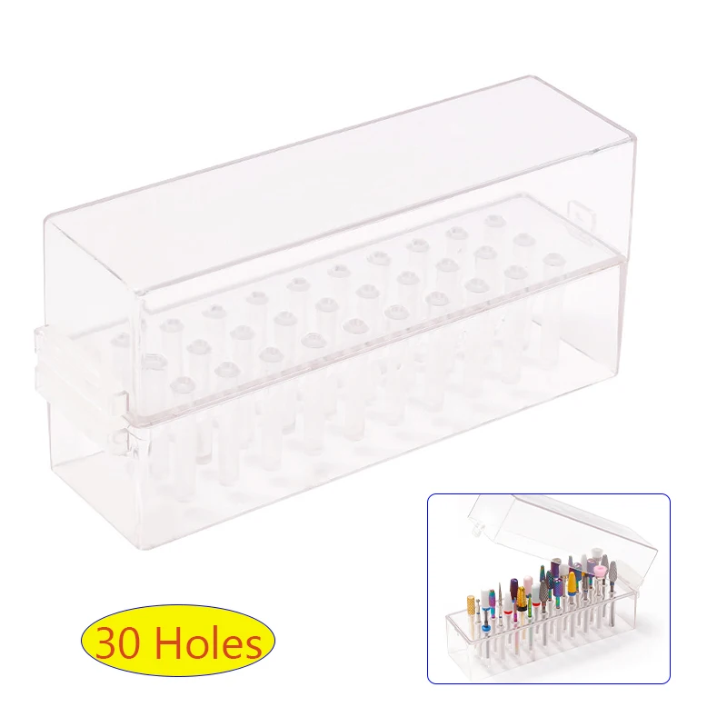 Pudełko na 30 wierteł do paznokci, przezroczyste, z przegródkami, do przechowywania frezów, pyłoszczelne etui na wiertła do paznokci akrylowych, akcesoria.