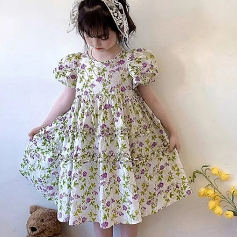 2023 Summer New Girls' Dress Flower Round Neck Short Sleeve Dress Pastoral Lace Princess Dress Fashion Sweet Children's Clothing