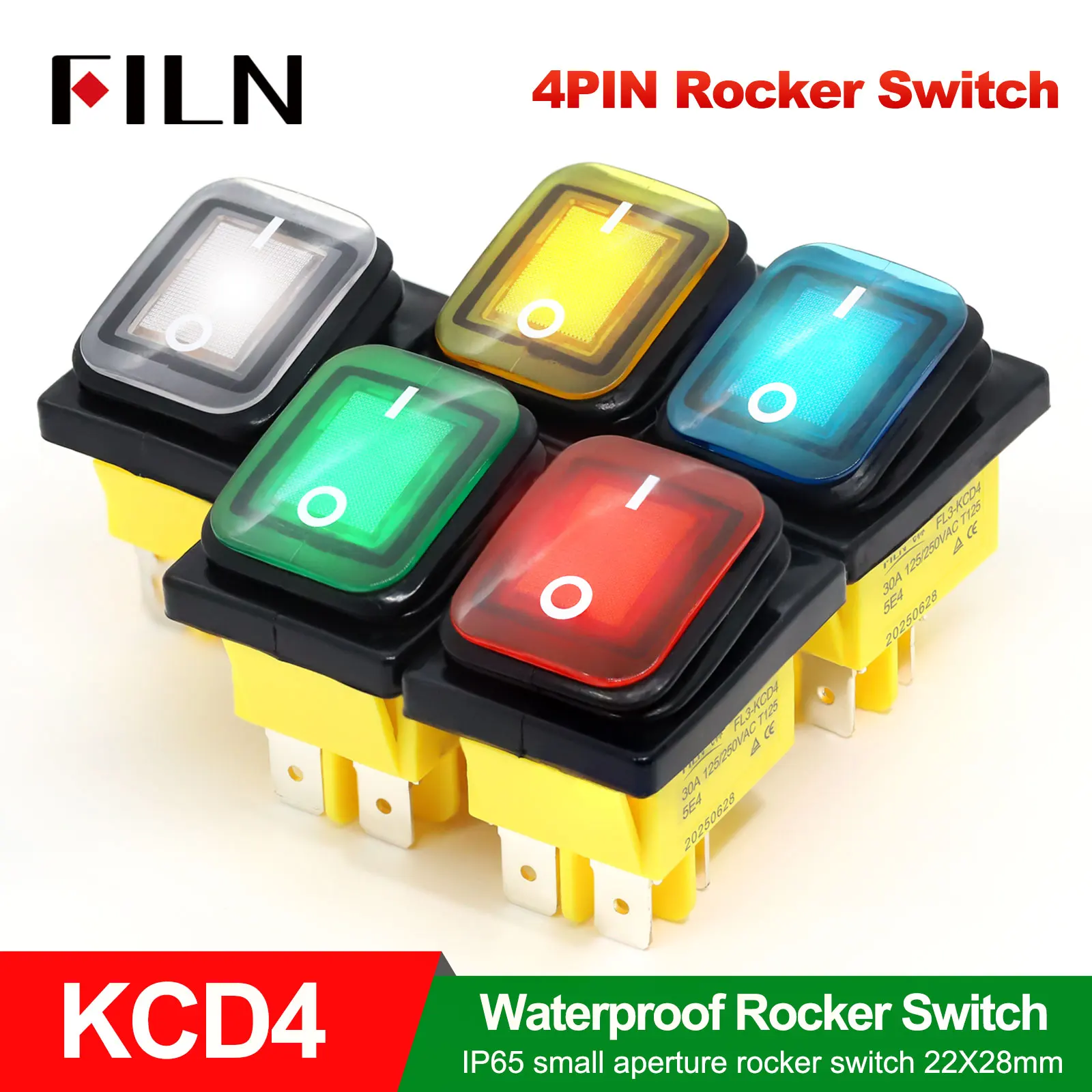 

FILN Kcd4 Heavy Duty Four Foot Waterproof on Off Sliver Contact Point Copper Pin 220v 30A Green Red Led Lamp Rocker Switch