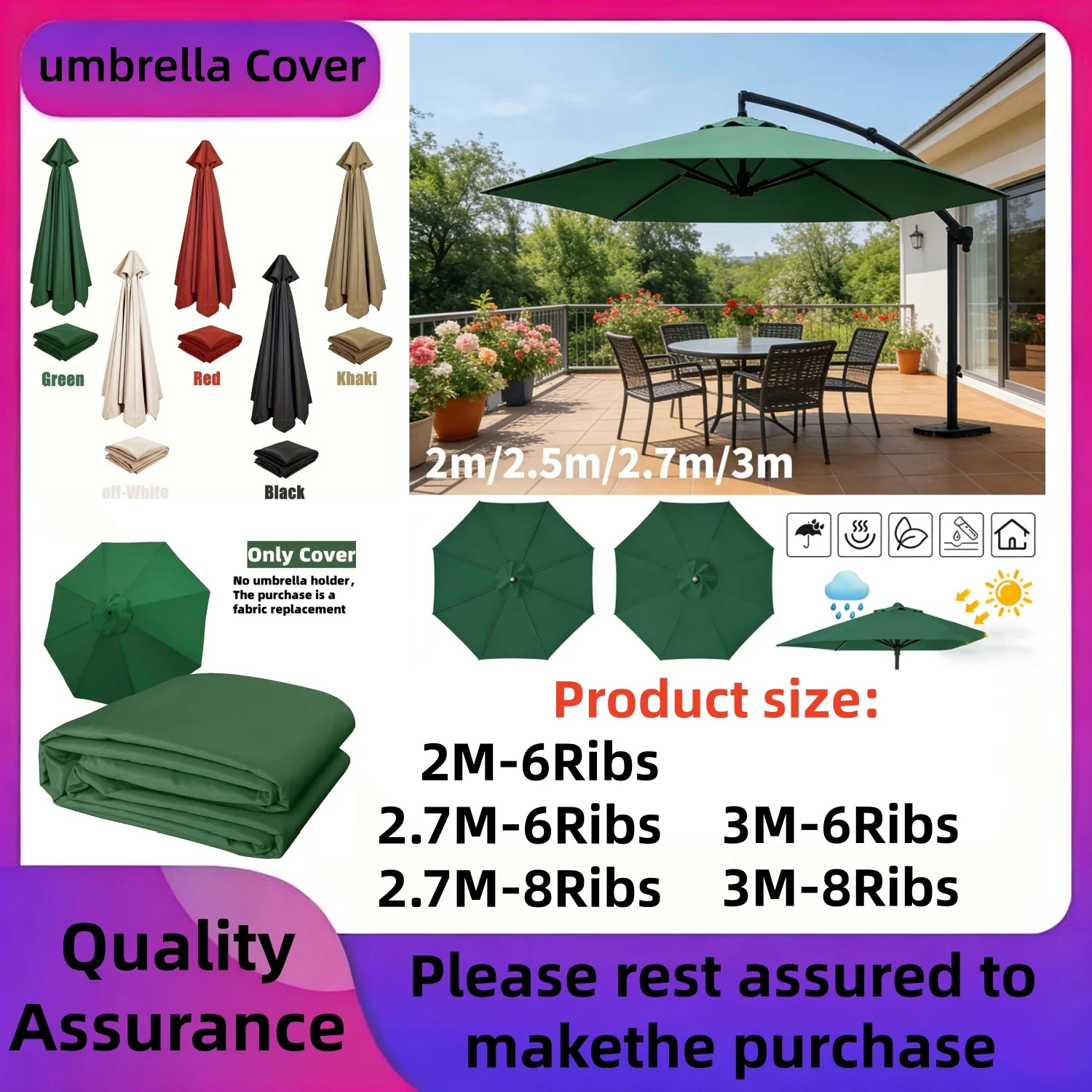 Replacement Umbrella (9Ft/10Ft/6-Rib/8-Rib), Umbrella Canopy Replacement Part, Garden Backyard Pool Umbrella Arm Shade Umbrella