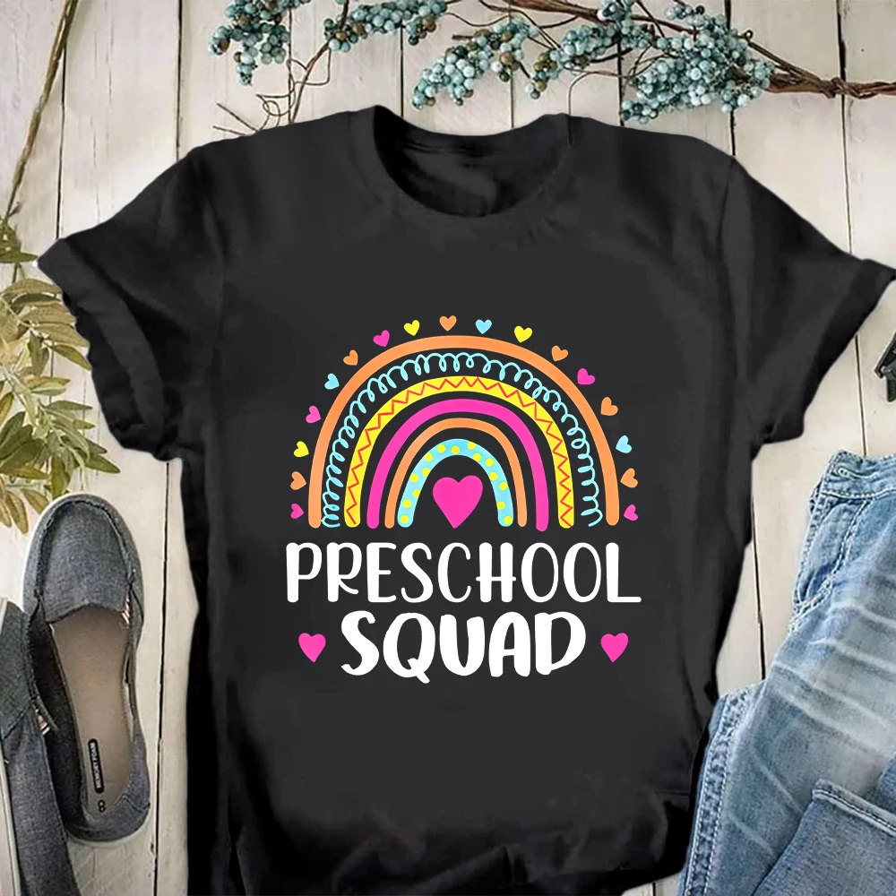 

Teacher T Shirt Teach preschool squad Tee Boho Rainbow Teacher Tshirt Gift for Teacher Cute Teaching Tees Women Summer tee Tops