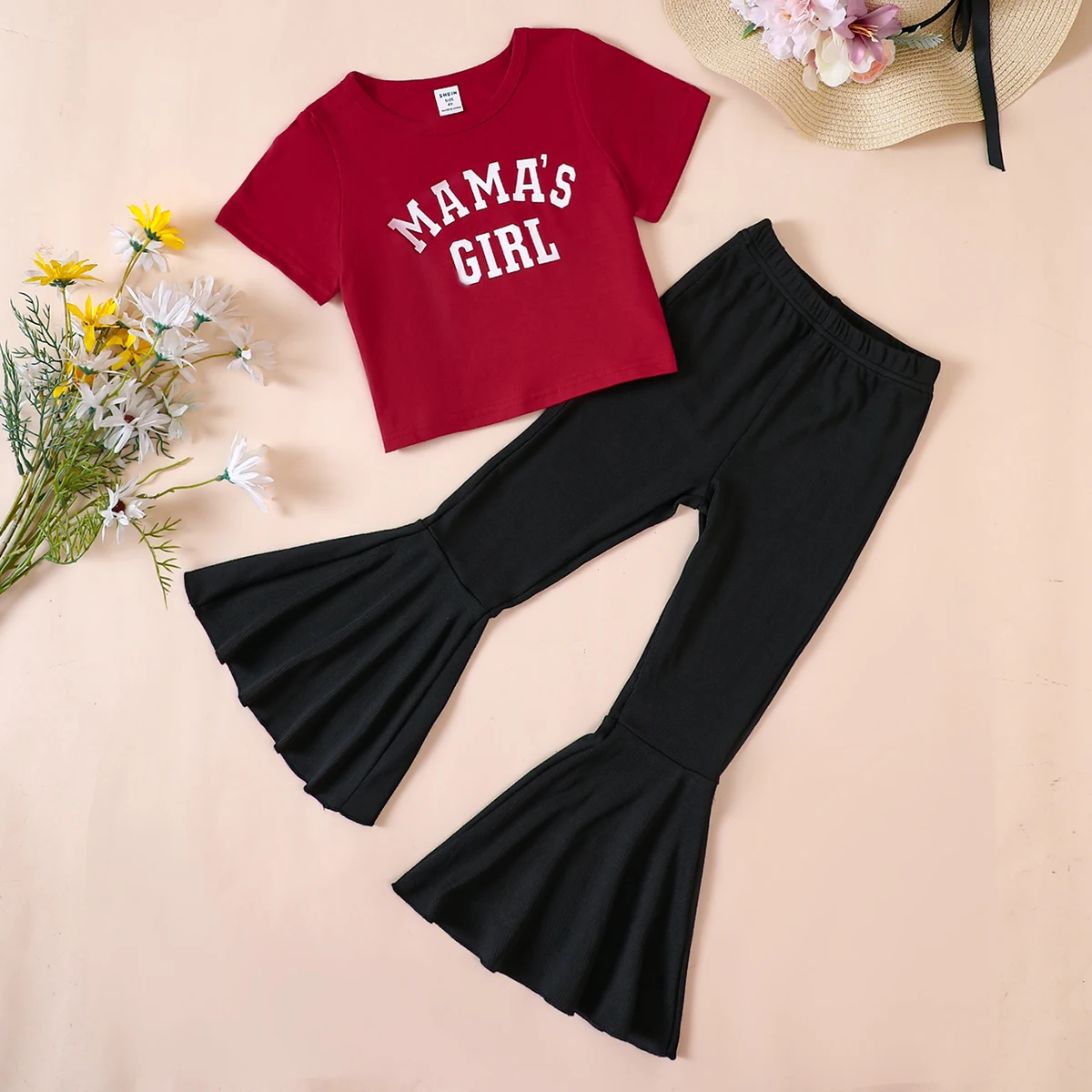 Girls  Set Wine Red Short Sleeve T-shirt Atmosphere Flare Pants Exquisite and Fashionable Little Fresh Girls Set