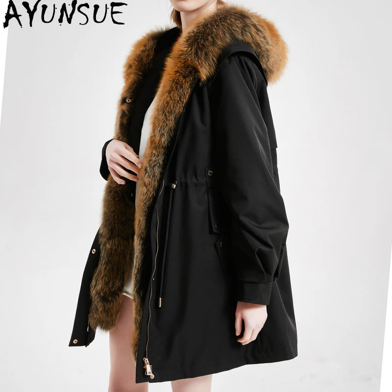 AYUNSUE Mantel Bulu Kelinci Rex Wanita Kerah Bulu Rubah Hangat Parka Bulu Asli Pakaian Musim Dingin Mantel Wanita Lapisan Dalam Dapat Dilepas Пальто Женское