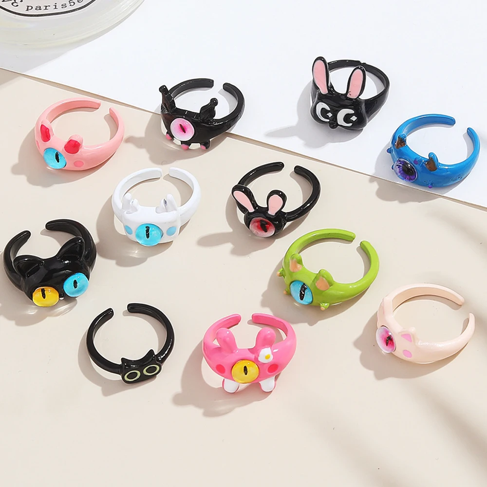 DAXI Punk eyes ring Cute Green Monster Ring For Women Fashion Sweet Two Color Cat Eyes Open Couple Ring party Finger Accessories