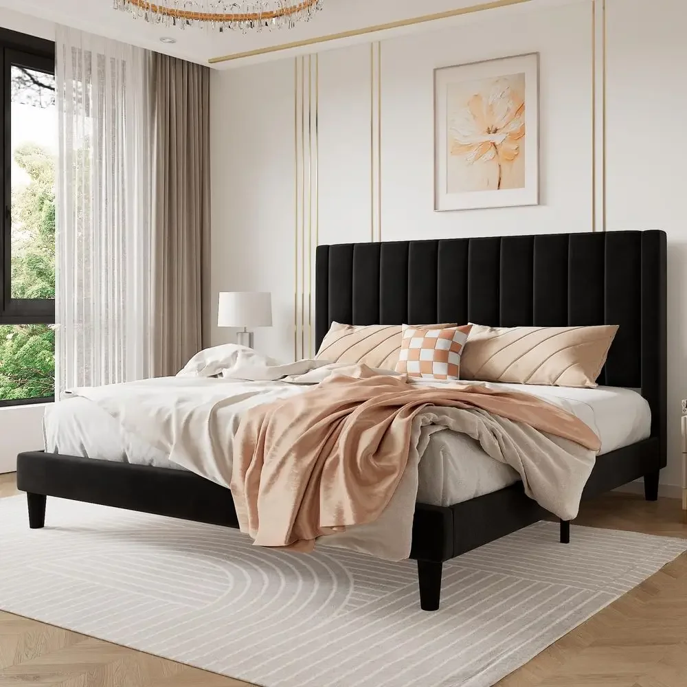 

CERLIN King Bed Frame Velvet Upholstered Platform Bed Frame with Headboard Strong Wood Slats Support Mattress Foundation No Box