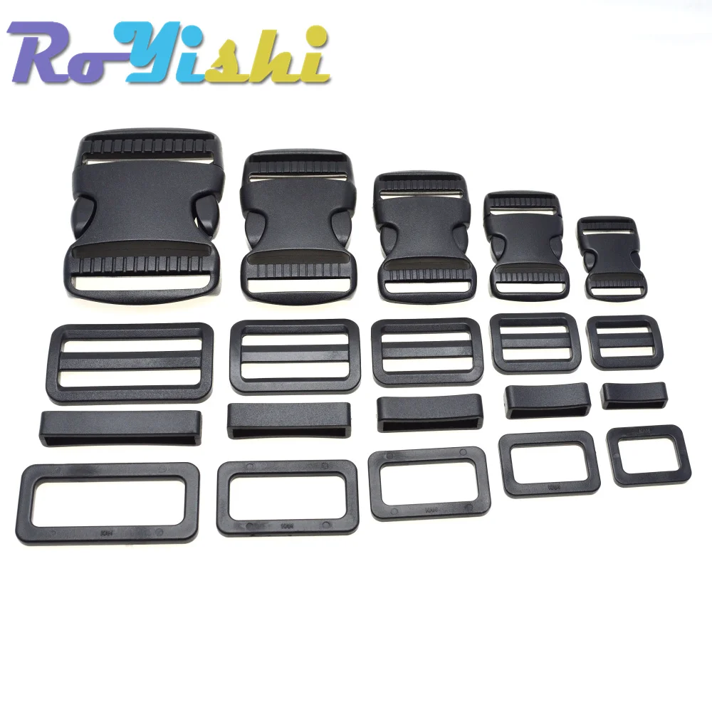 1 Set 20mm 25mm 30mm 38mm 50mm Plastic Slider Adjustable Rectangle Ring Belt Loop Curved Side Release Buckles For Paracord