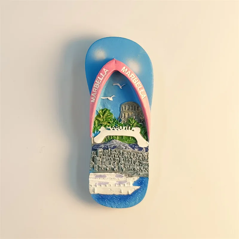 Costa del Sol, Spain, Marbella flip flops, travel souvenirs, hand-painted stickers, refrigerator magnets, resin material