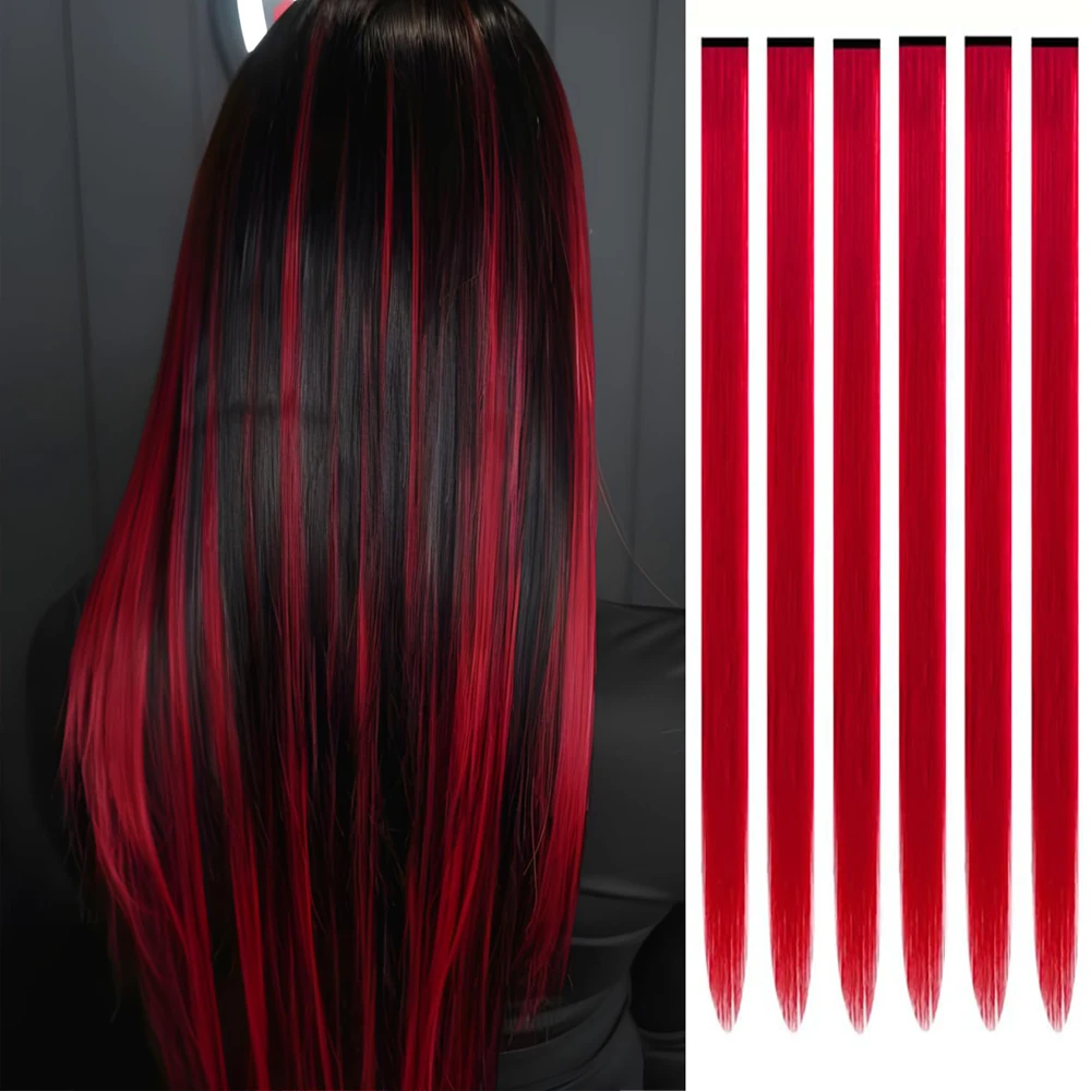 

6pieces Clip Extensions, 24 Inch Colored Hair Extensions Party Highlights Long Straight Synthetic Hairpieces for Women Kids Girl