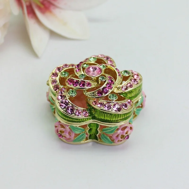 SHINNYGIFTS Flower Shape Enamel Trinket Box Vintage Style Jewelry Wedding Box for Ring Earring Small Trinket Storage Box