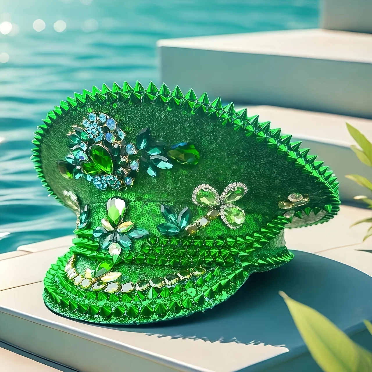 HongLuan قبعة الكابتن الخضراء حجر الراين للمرأة في عيد القديس باتريك، قبعة زي الكرنفال للبالغين وإكسسوارات الإناث التنكرية