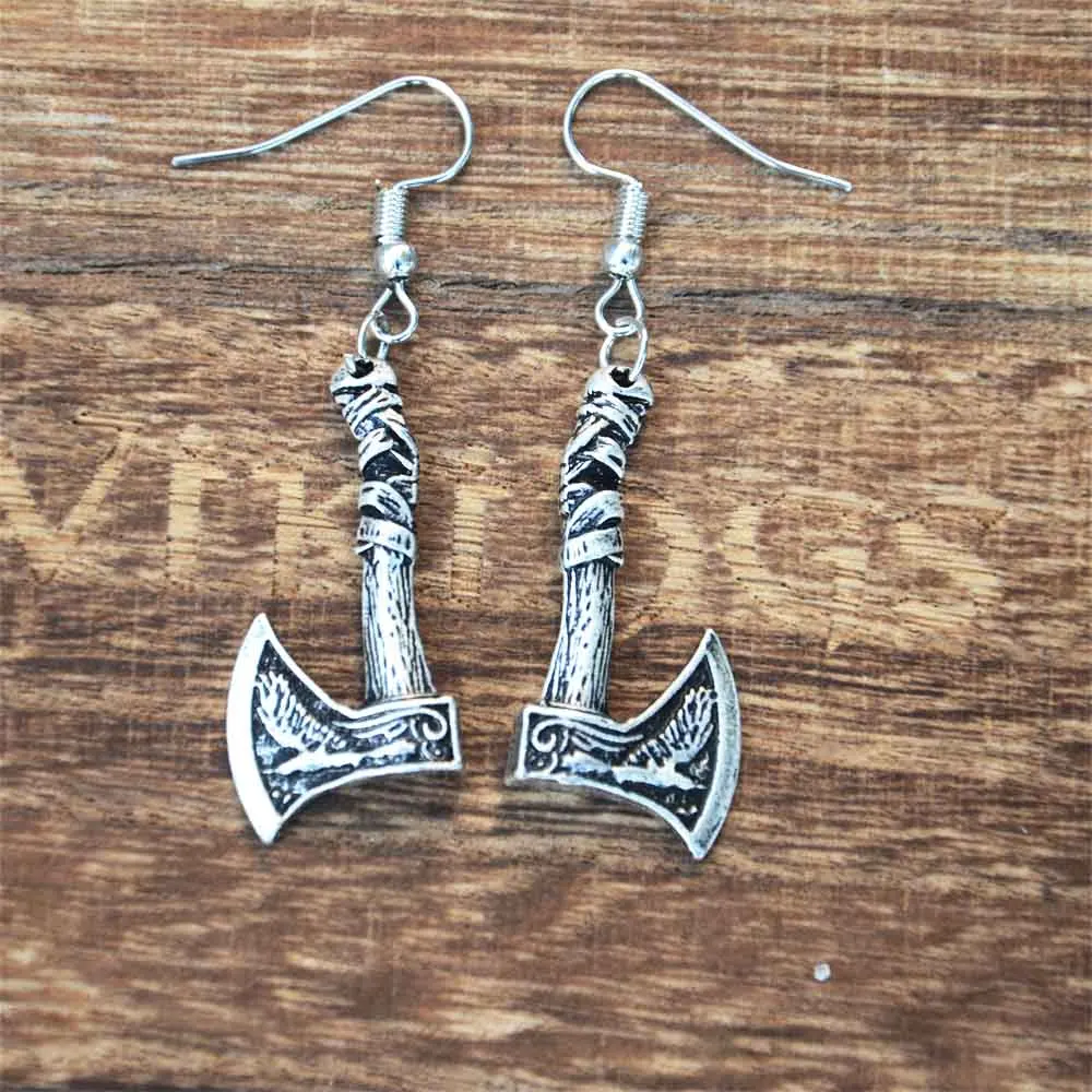 Odin Raven Slavic Perun Axe Earrings Vintage Mens Womens Viking Jewelry