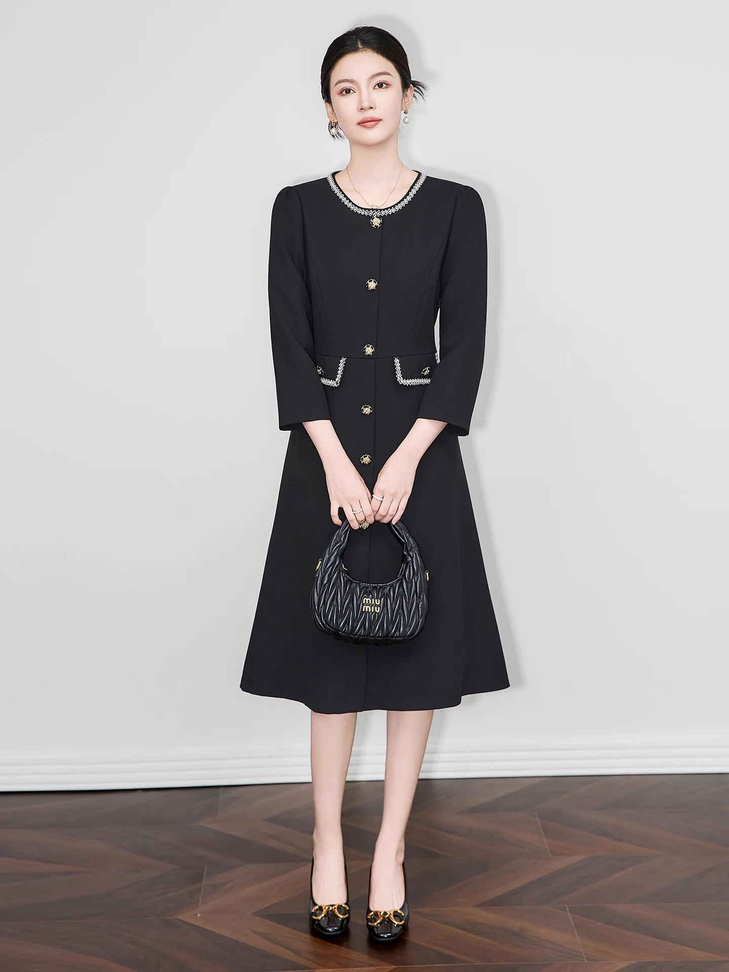 Zjyt nova moda beading midi vestidos para as mulheres outono 2025 designer manga longa sólido rosa aline casual vestido de festa