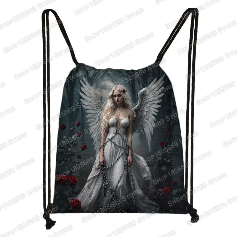 Sad Fallen Angel Wing Pattern Drawstring Bag Women Gothic Skull Girl Backpack Shoes Storage Bags Kids Bookbag Shoes Holder