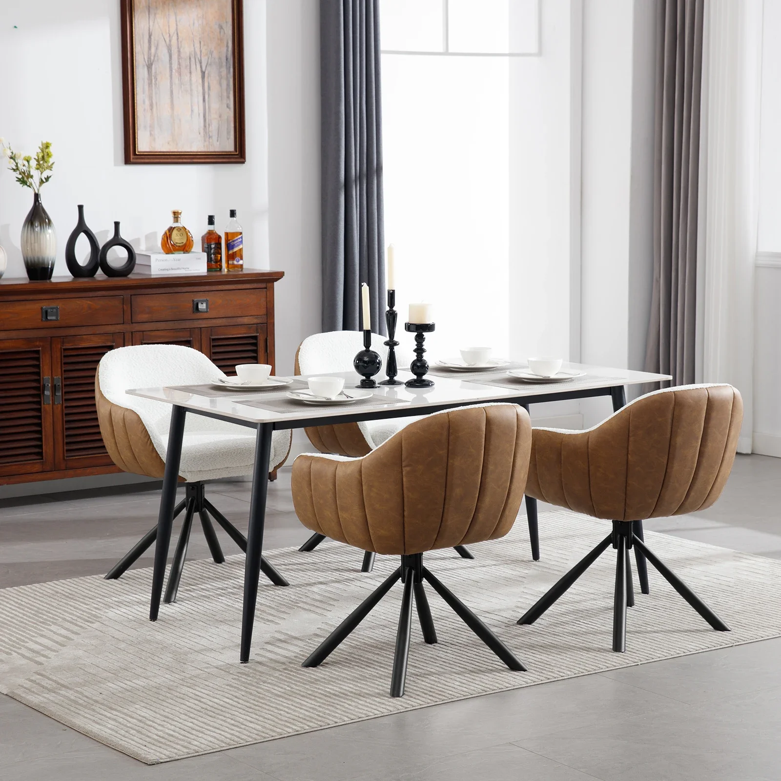 Silla ergonómica con reposabrazos, silla de comedor de cocina giratoria tapizada de diseño con sillón para sala de estar