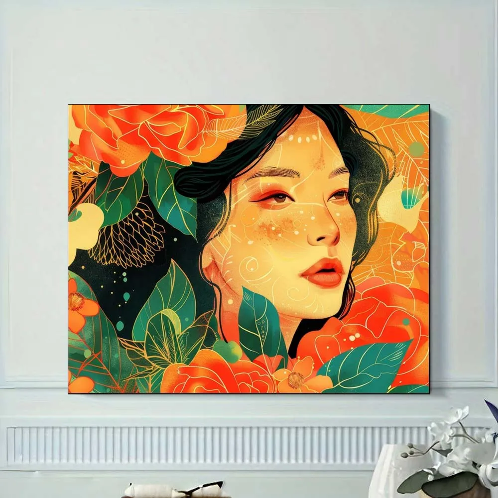 Mujer asiática con patrones intrincados rodeados de flores, juego de pinturas al óleo digitales Diy para adultos pero sin marco