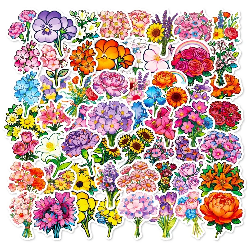 

10/30/56PCS Bright Beautiful Flower PVC Phone Sticker Aesthetic DIY Colored Sticky Laptop Luggage Skateboard Graffiti Decals
