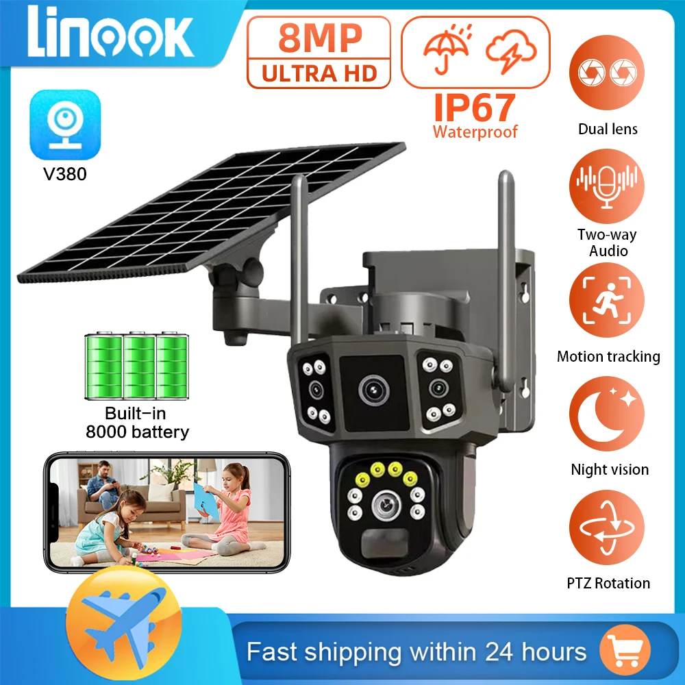 Linook 4K dual lens, 10X,outdoor security network camera,wireless WIFI solar closed-circuit television,4G sim solar camera,V380