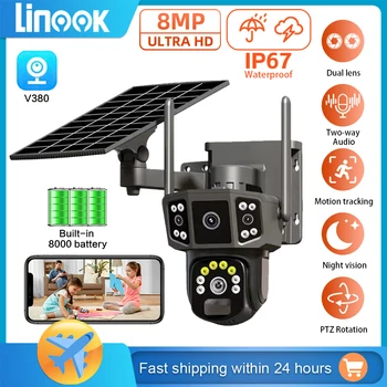 Linook lente dupla 4K, 10X, câmera de rede de segurança externa, televisão solar de circuito fechado WIFI sem fio, câmera solar 4G sim, V380