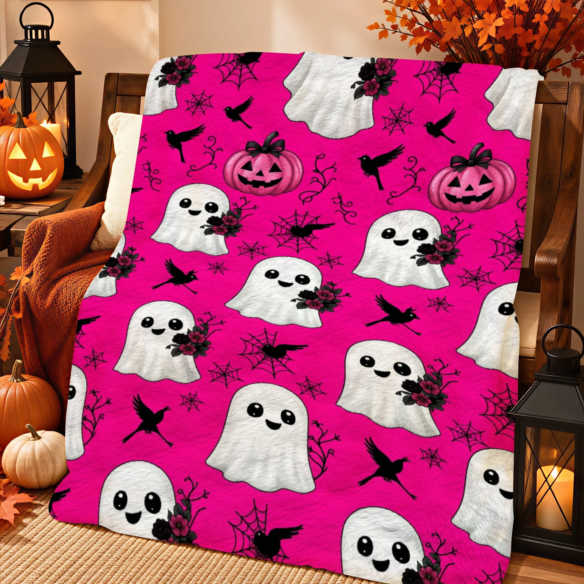 1pc 2D Printed White Ghosts Pink Pumpkins Black Birds Spiderwebs on Bright Pink Background Halloween Throw Blanket Soft Warm for