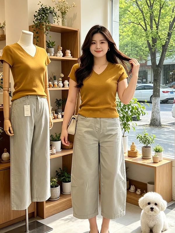 

plus Size Slimming Waist V-Neck Short Sleeve Top Wide Leg Balloon Pants Set Women Summer New Style Two Piece Set Fashionable ...