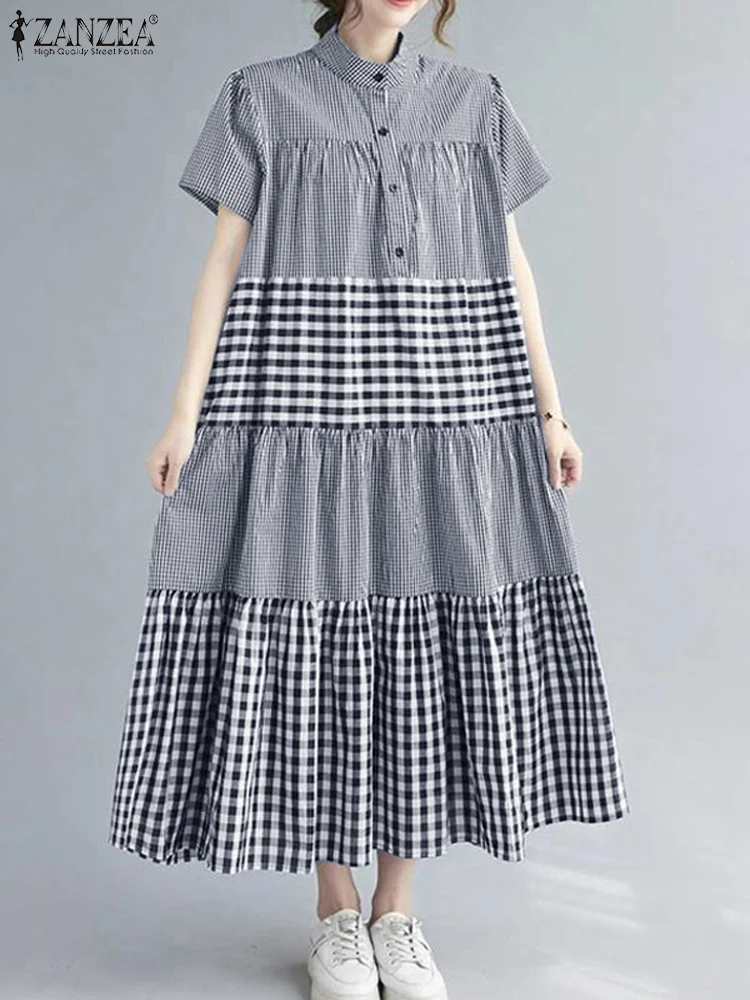 ZANZEA Vintage Gingham Shirtdress Plaid Patchwork Elegant Stand Collar Loose Casual Midi Robes Short Sleeve Women Tiered Dress