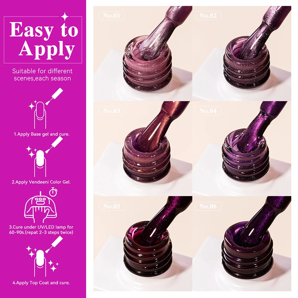 เจลทาเล็บแม่เหล็กสีม่วงมุกอะมีทิสต์ 6 สี/ชุด ยี่ห้อ Vendeeni TPO/HEMA FREE พร้อมการ์ดสี