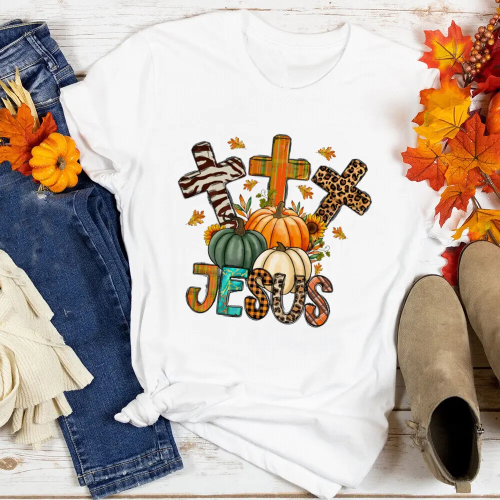 

Fall for Jesus He Never Leaves Printed Shirt Thanksgiving Graphic Tee Clothes Fashion T Shirt Tops Holiday Party Female Outfit