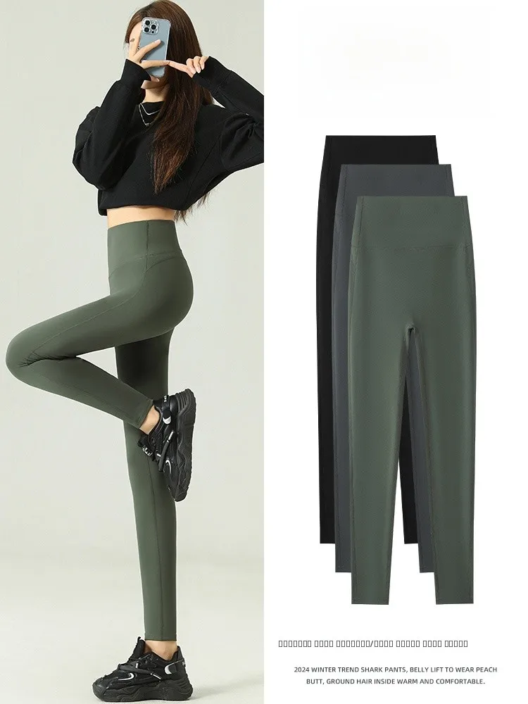 

Slimming High-Waist Fce Lined Brued Yoga Pants Women's Outerwear Autumn Winter ark Pants Casual Nine-Piece Pants