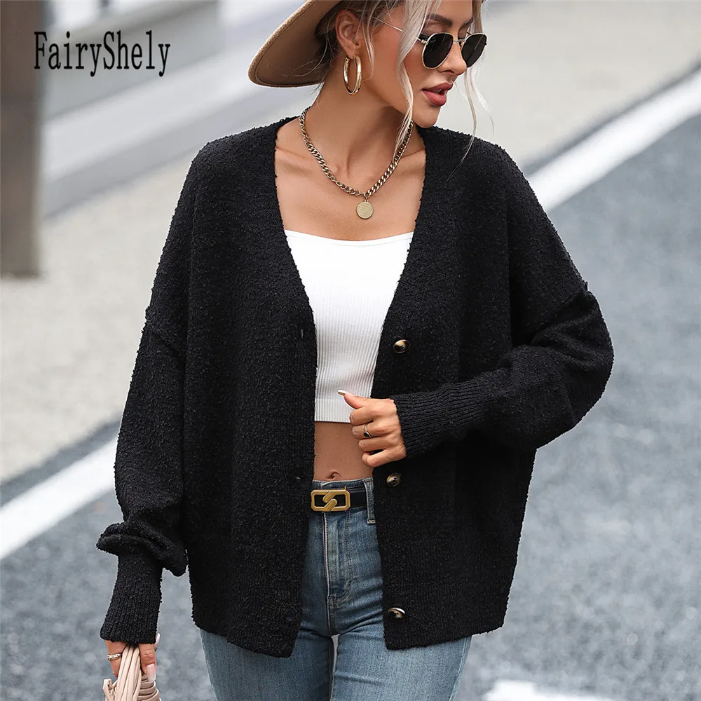 2024 Winter solide einreihige Pullover Strickjacke Frauen lässig Knopf Langarm Strickjacke Dame lose warme Strick mantel Outwear