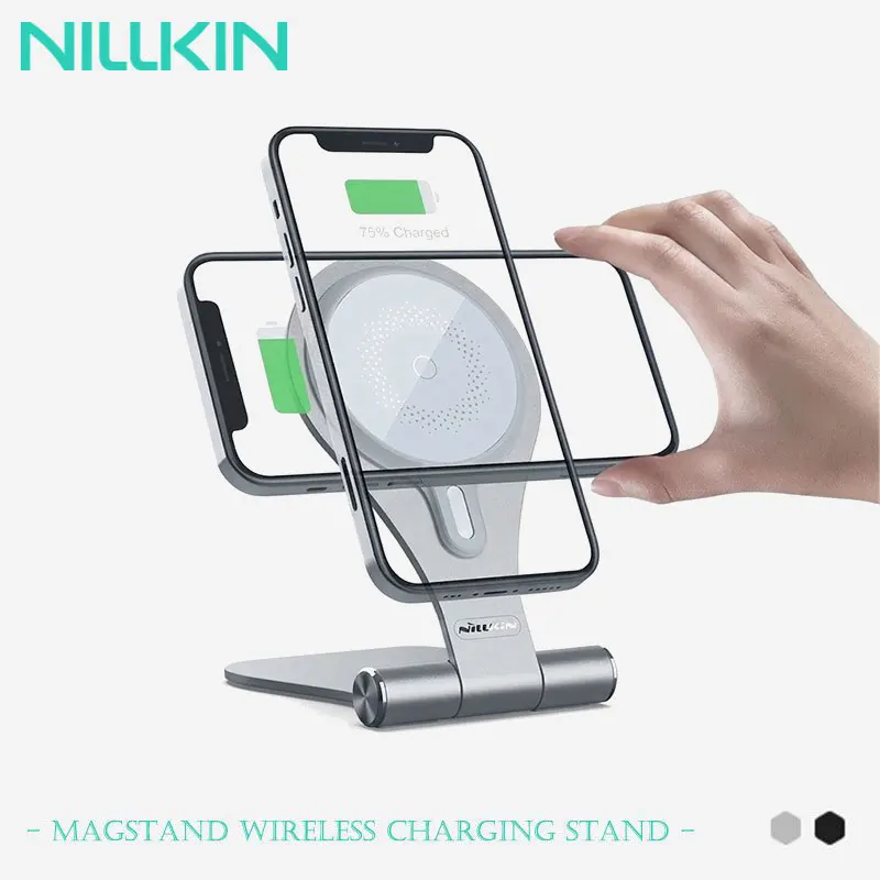 Base de Carga Magnética para iPhone Nillkin, Soporte de Carga Inalámbrico Plegable con Cristal 2.5D 360 °   Soporte Ajustable con Carga Rápida de 10W