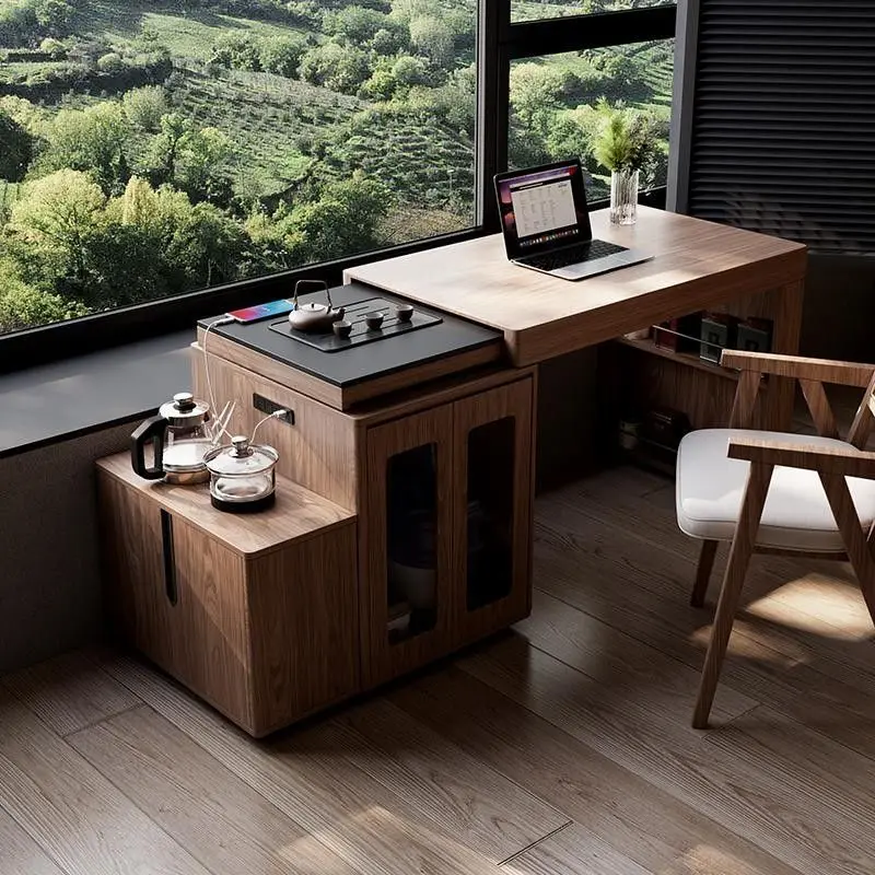 

Household removable retractable rotating folding rock slab tea table dining table and chair combination integrated small