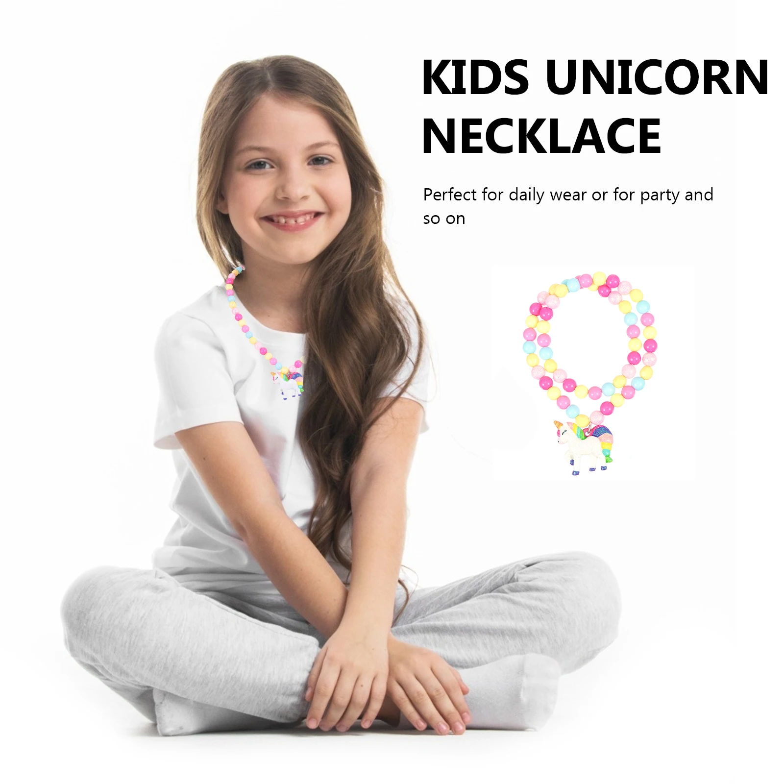 

2pcs Kids Unicorn Necklace Plastic Beaded Necklaces Bracelets Jewelry Cartoon Design Bright Color Match Adorable