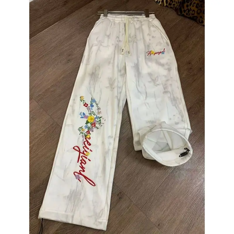 Hip Hop Adjustable Ankle Cuffs Tie‑Dye Loose Sweatpants Chic Floral Embroidery Hip Hop Graphic Bottom Trouser Preppy Harajuku