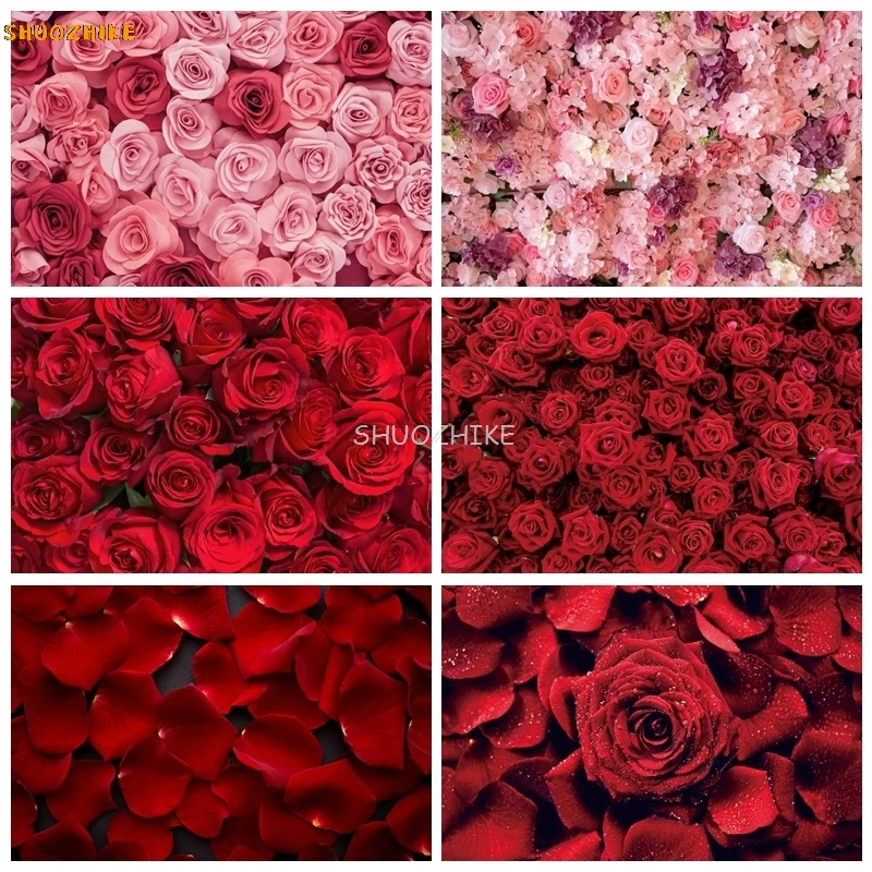 

Red Rose Valentine's Day Backdrop Red Love Heart Romantic Valentine Bridal Shower Wedding Portrait Photography Background Decor