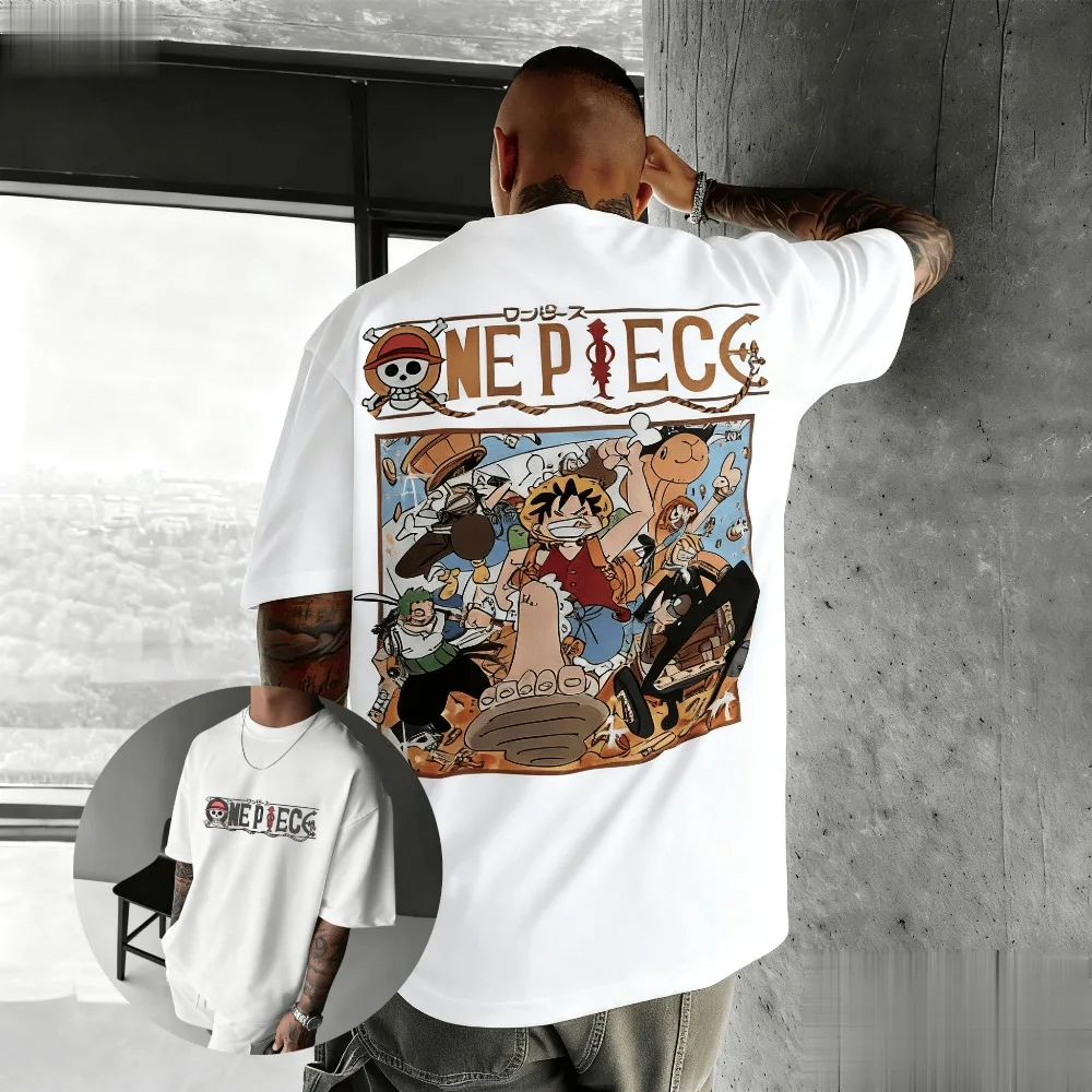 

Цельная соломенная шляпа, футболка унисекс с пиратами, новинка лета 2026, популярный аниме, повседневный американский топ с двусторонним принтом для родителей и детей