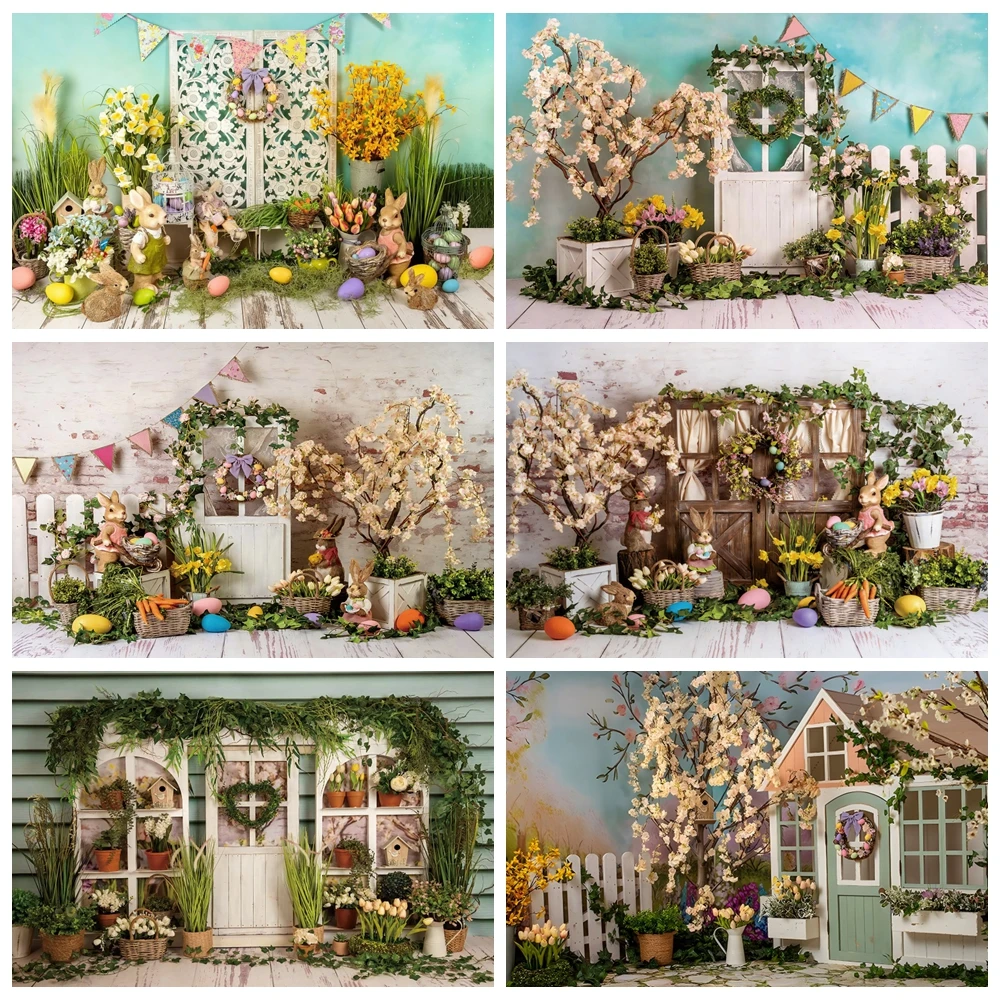 Spring Easter Flower Background for Photography Wooden House Floor Rabbit Bunny Egg Newborn Baby Portrait Backdrop Photo Studio