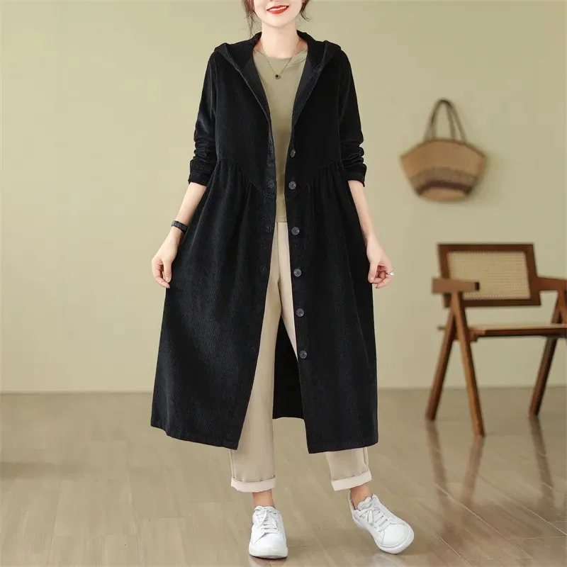 Fashion Women's Trench Coat 2024 New Spring Autumn  Windbreaker Outerwear Sagging Sensation Corduroy Hooded Casual Length Coat