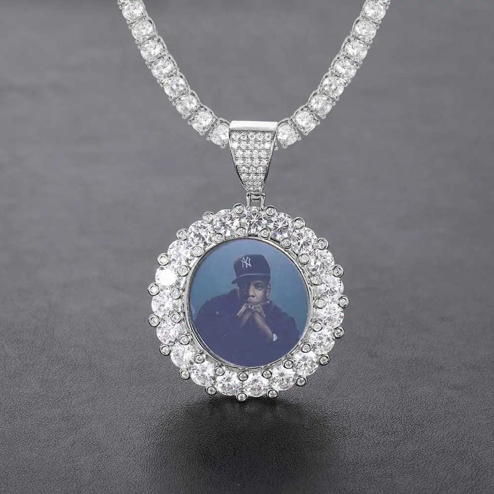 Micro Paved Zircon Big Diamond Fashion Round Men and Women Couple Pendant Custom logo Medallion Memory Photo Pendant Necklace