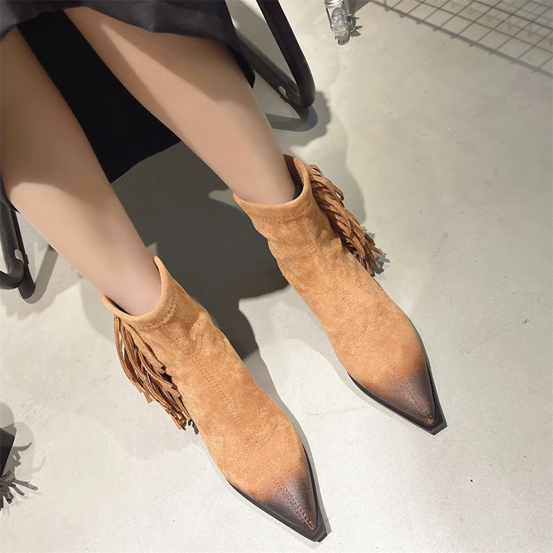 

2023 Winter Classic Chelsea Boots For Woman Cow Suede Pointy Toe Thick Heels Ankle Boots Simple Comfortable Cowboy Boots Females