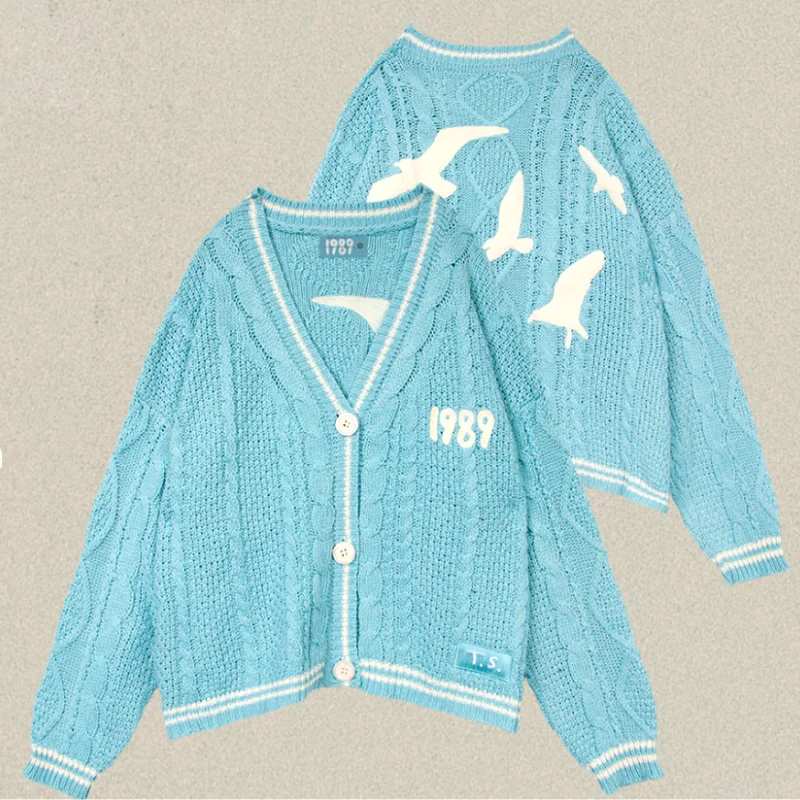 New Blue 1989 Women\'s Cardigan Bird Embroidery Collar Lettering Special Knit 1989 Taylor Cardigan Slouchy Style Vintage Sweater