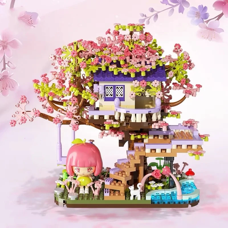 

Mini Flower House Building Blocks Diamond Japanese Street View Cherry Blossom Tree Model Micro Bricks Toys for Girls Kids Gifts